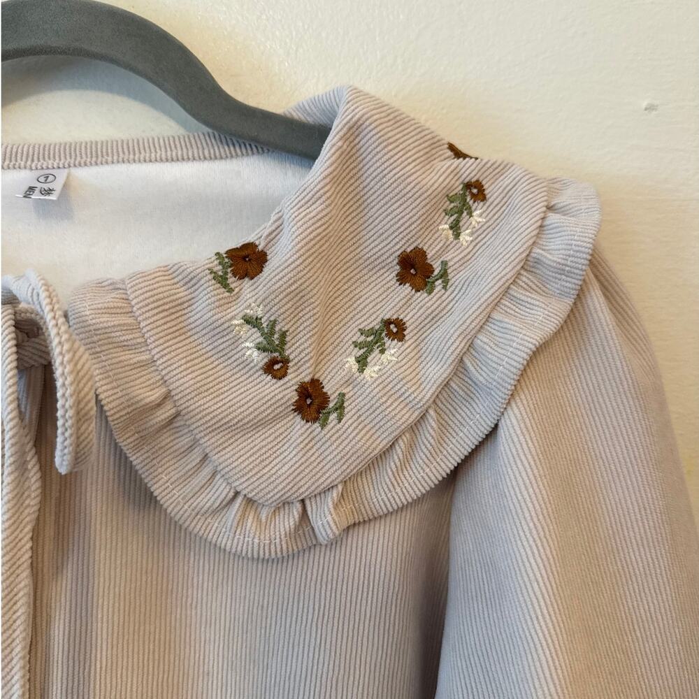 Floral Embroidered Corduroy Peter Pan Collar Jacket Cardigan Size S Fleece-Lined